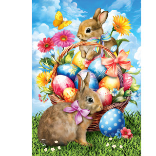 Springtime Bunnies House Flag with colorful Easter eggs, bunnies, flowers, and butterflies on grassy background.