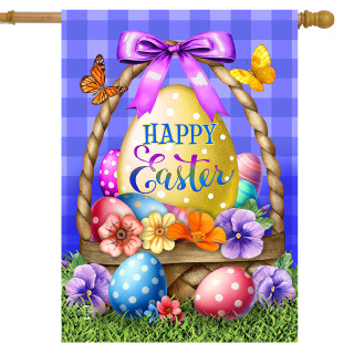 Happy Easter Egg Basket House Flag with colorful eggs, flowers, and butterflies on purple background.