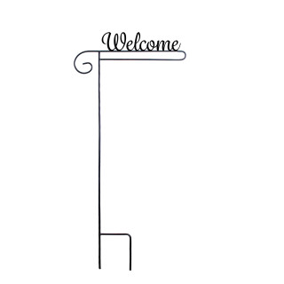 Wrought iron welcome garden flag stand holder with decorative curl and "Welcome" text on top.