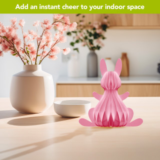 Large pink bunny honeycomb magnetic paper decor, 12 x 9 inches, on a table.