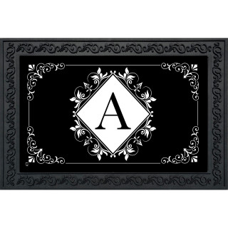 Black and white monogram doormat with floral design and large letter A in center.