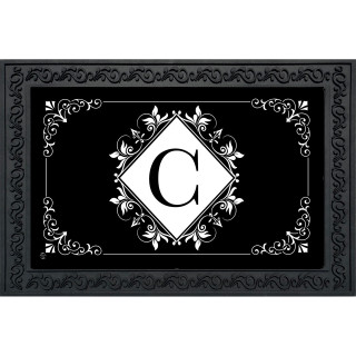 Black and White Monogram C doormat with floral design on black background.