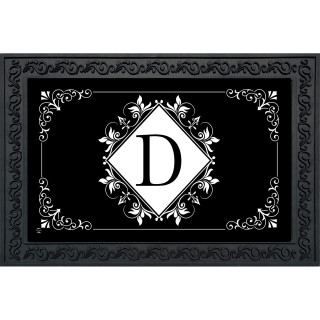 Black and white monogram doormat with D letter, floral design on black background with white accents.
