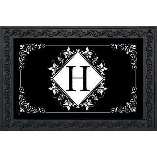 Black and white monogram doormat with floral design and large H, decorative border around white center.