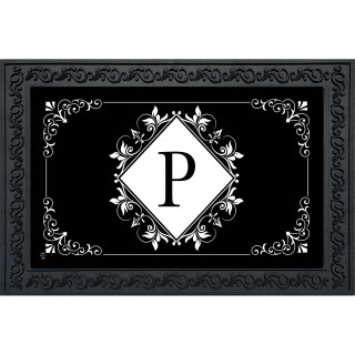 Black and white monogram doormat with floral design and letter P on a white diamond background.