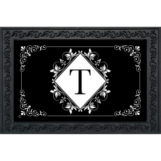Black and white monogram T doormat with floral design and decorative border.