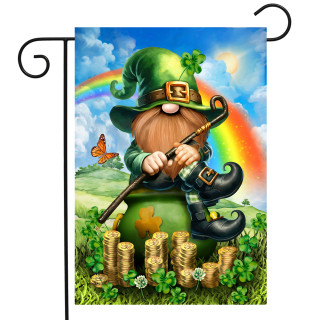 Lucky Irish Gnome Garden Flag with green hat, rainbow, and gold coins outdoors decoration accessory.