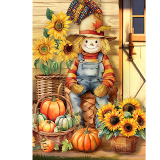 Country Scarecrow Garden Flag with pumpkins, sunflowers, and rustic shed background, vibrant autumn colors.