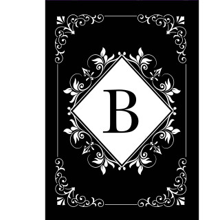 Black and white monogram B double-sided house flag with floral design on black background.