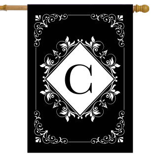 Black and white monogram house flag with C, double-sided, featuring floral design on black background.