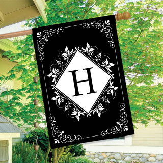 Black and white monogram house flag with H, double-sided, ornate floral design on black background.