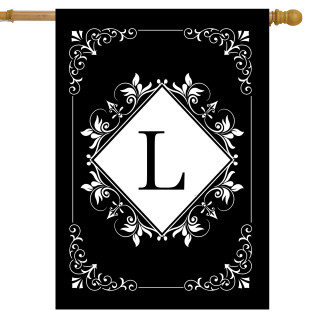Black and white monogram L double-sided house flag with floral design and gold rod detail.