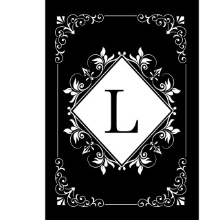 Black and white monogram L design on a double-sided house flag with floral pattern details.
