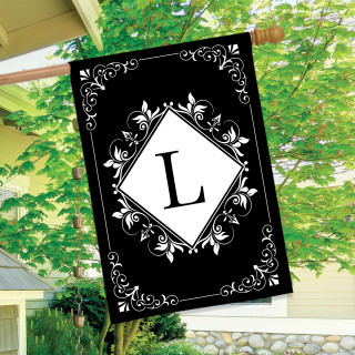 Black and white monogram L double-sided house flag with floral design and decorative border.