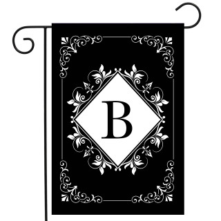 Black and white monogram garden flag with B, double-sided, ornate design and floral patterns.