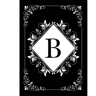 Black and white garden flag with monogram B, floral design on double-sided material, rectangular shape.