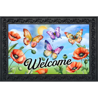Butterflies and Poppies colorful doormat with welcome text, vibrant butterflies, poppies, and decorative black border.