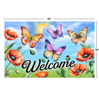 Colorful butterflies and poppies welcome mat, 30x18 inches, with vibrant flowers and butterflies design.