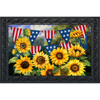 American Sunflowers Doormat with patriotic bunting and bright yellow sunflowers in decorative black frame.