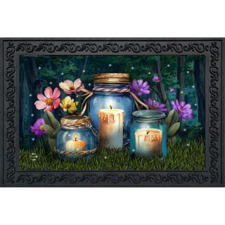 Be a Light Jars Doormat with lit candles and flowers on a decorative forest background.