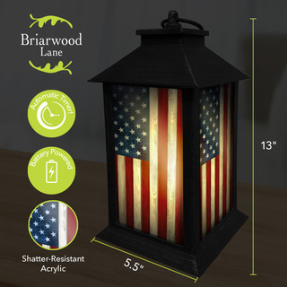 Briarwood Lane Wooden American Flag Lantern, 13" tall, 5.5" wide, shatter-resistant acrylic panels.
