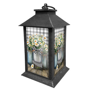 Black metal Farmhouse Jars Lantern with floral design and gingham background and handle on top.