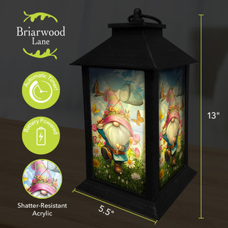Briarwood Lane Springtime Gnome Lantern, black metal, shatter-resistant acrylic panels depicting colorful garden gnome scene.