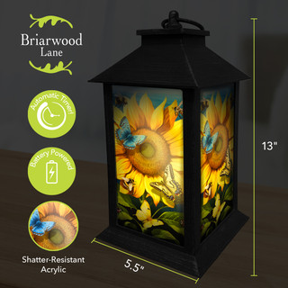 Briarwood Lane Sunflower Dance Lantern, black metal lantern with shatter-resistant acrylic sunflower and butterfly panels.