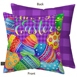Painted Eggs Burlap Indoor/Outdoor Pillow, Easter theme, colorful eggs, purple background, square throw pillow.