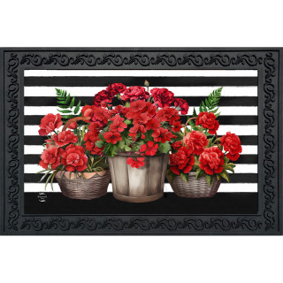 Striped Geraniums Doormat with red flowers in three silver pots on black and white striped background.