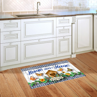 Country Home Sweet Home doormat on wooden floor with blue and white checkered border design.