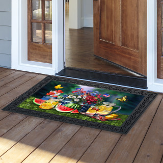 American Lemonade Doormat with colorful food and drink design on a wooden porch outside doorway.