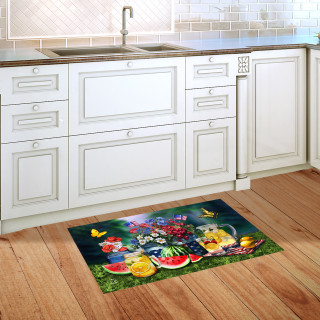 American Lemonade Doormat on kitchen floor with colorful fruit and floral design on green background.