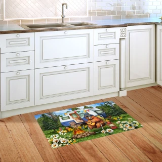 Camping Bear Doormat on wooden kitchen floor with white cabinets and colorful camping scene design.
