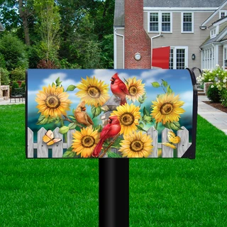 Cardinals and Sunflowers oversized mailbox cover with vibrant yellow flowers and red cardinals on white fence.