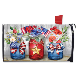American Flowers Oversized Mailbox Cover with patriotic jars and floral design in red, white, and blue colors.