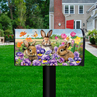 Spring Bunny Trio Oversized Mailbox Cover with colorful floral design and three brown bunnies.