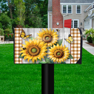 Sunflower Duo Oversized Mailbox Cover with butterflies on a gingham background, yellow flowers, and wood grain.