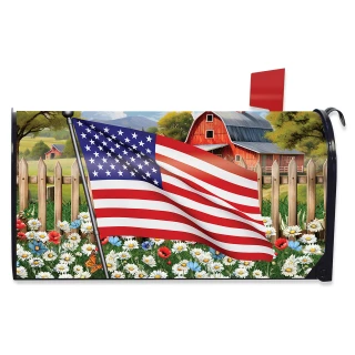 American Flower Field Oversized Mailbox Cover with USA flag, barn, and colorful flowers design.