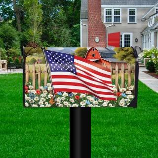 American Flower Field Oversized Mailbox Cover with USA flag, barn, flowers and wooden fence design.