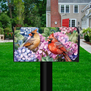 Perched Cardinals Oversized Mailbox Cover with vibrant cardinals and hydrangeas in purple and pink hues.