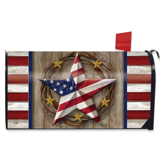 American Barn Star Oversized Mailbox Cover with USA flag star design and wooden wreath background.