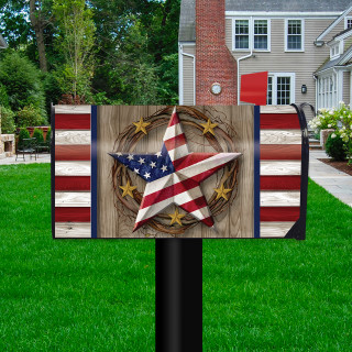 American Barn Star Oversized Mailbox Cover with patriotic star design and wooden texture outdoor decor.