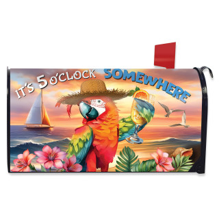 Sunset Parrot Mailbox Cover with colorful parrot, tropical flowers, and beach scene design.