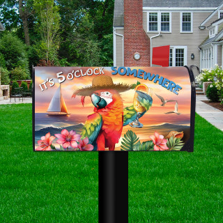 Sunset Parrot Mailbox Cover with colorful parrots, tropical flowers, and sunset design on a mailbox.