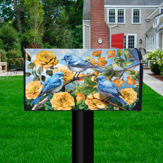 Bluebirds and Roses Mailbox Cover with blue birds and yellow roses on a black mailbox post.