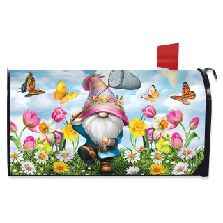 Springtime Gnome Mailbox Cover with colorful flowers, butterflies, and garden gnome holding net outdoors.