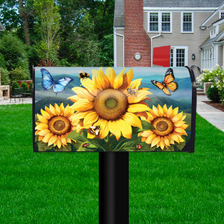 Sunflower Dance Mailbox Cover with vibrant yellow sunflowers and colorful butterflies on a black mailbox post.