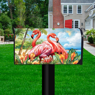 Flamingo Pair Mailbox Cover with pink flamingos, tropical flowers, and palm trees on a black mailbox.