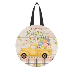 Easter Egg Wreath Wood Door Hanger with yellow truck and colorful eggs on white background.